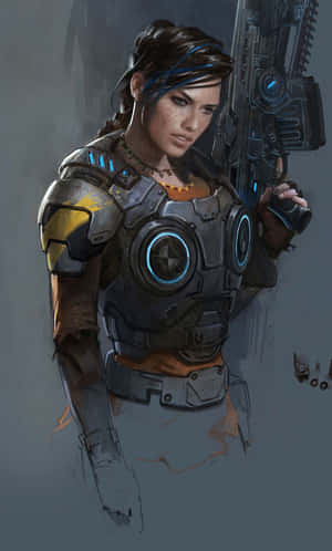 穿著未來風格盔甲的女兵手持發光武器。 — 戰爭機器 壁紙