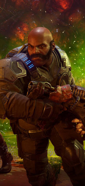 光頭鬍鬚士兵身穿未來裝甲，在外星戰場上手持武器。 — 電玩遊戲 GIF 壁紙