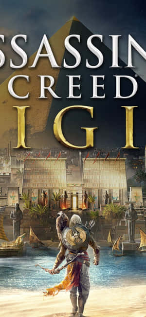 Assassin Creed IGI 主角站在海灘上，夜晚面向古埃及神廟。 — Galaxy A55 壁紙
