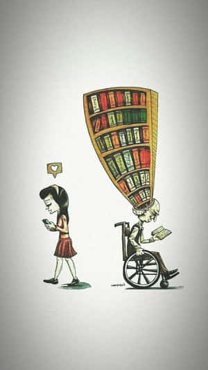坐在輪椅上的人頭頂書架閱讀書籍，女孩邊走邊用手機。 — 酷 壁紙