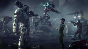 士兵觀察在煙霧瀰漫的戰場上戰鬥的巨型機甲。 — 電玩遊戲 GIF 壁紙