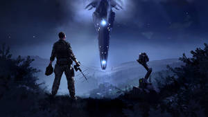 士兵和機器人夜晚觀看村莊上空的外星飛船 — 戰爭機器 壁紙