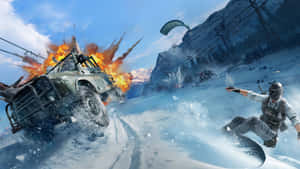 士兵在雪山中滑雪板，附近一輛軍用車輛爆炸。 — Studio Display 壁紙