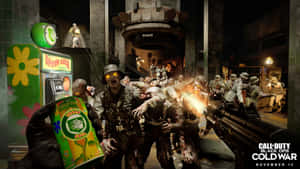 士兵在復古街機中向殭屍射擊，旁邊有飲料自動販賣機。 — 電玩遊戲 GIF 壁紙