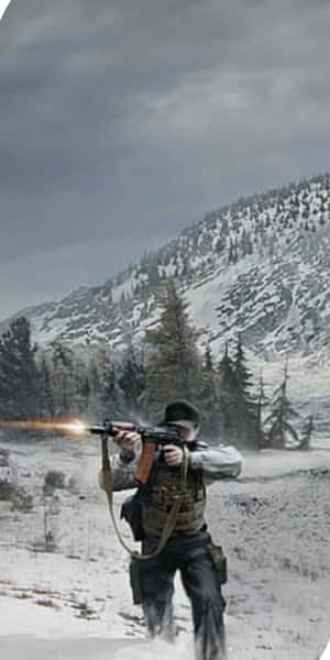士兵在積雪山景中發射步槍 — 電玩遊戲 GIF 壁紙