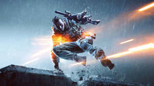 雨中士兵射擊步槍，雷射光束呼嘯而過。 — 電玩遊戲 GIF 壁紙