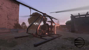 黃昏時分，士兵在發光的直升機框架旁，靠近石建築。 — 電玩遊戲 GIF 壁紙