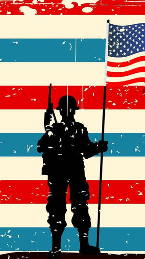 一名士兵手持美國國旗的剪影，背景為條紋。 — 美國隊長 iPhone 壁紙