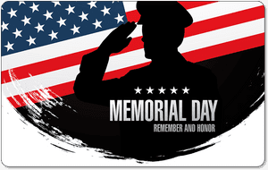 一名士兵敬禮的剪影，背景是美國國旗，並帶有Memorial Day文字。