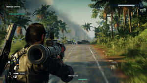 士兵在叢林遊戲場景中瞄準火箭發射器 — 電玩遊戲 GIF 壁紙