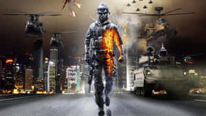 士兵在夜間穿過城市街道，直升機和坦克在戰鬥。 — 電玩遊戲 GIF 壁紙