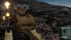 動漫士兵操作機甲在黃昏的沙漠戰場上發射武器。 — 機器人 壁紙