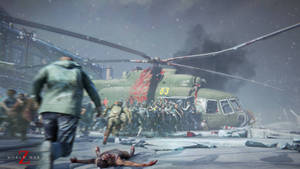 士兵在雪地戰場中逃離墜毀直升機附近的殭屍。 — 世界大戰Z 壁紙