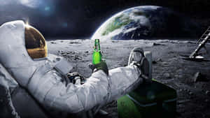 太空人在月球上喝啤酒，地球在背景中 — 可愛萬聖節桌面 壁紙