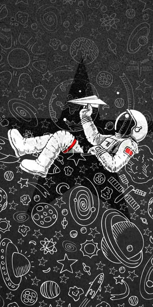 太空人漂浮在太空中，手持紙飛機，被宇宙塗鴉包圍。