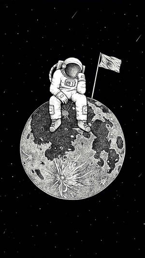 太空人坐在月球上，旗幟在太空中飄揚