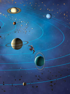 太空人在繁星點點的藍色宇宙中，在色彩繽紛的行星和小行星帶之間漂流。 — 酷 壁紙