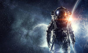太空人在太空中漂浮，背景有行星和星星。