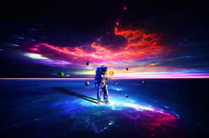 太空人在色彩繽紛的星雲天空下的宇宙行星上手持發光球體。 — 粉色花朵 壁紙