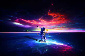 太空人站在發光的行星上，下方是帶有浮游行星的彩色星雲。 — MacBook Pro 16 壁紙