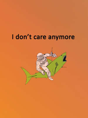 太空人騎著綠色鯊魚，橙色背景上有文字 I don't care anymore — 藍天 壁紙