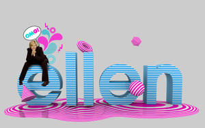 女性坐在巨型藍色條紋字母 'ellen' 上，帶有粉紅色漩渦和一個 'OMG!' 對話框。