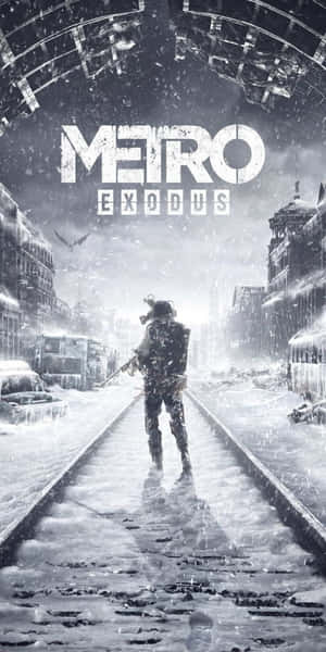 一名士兵沿著積雪的鐵路軌道穿過冬季的廢墟城市。 — 地鐵 2033 壁紙