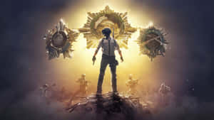 戴著VR頭盔的士兵站在瓦礫上，下方是發光的獎章，戰士們在煙霧瀰漫的黑暗中戰鬥。 — 電玩遊戲 GIF 壁紙