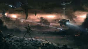懸崖上的士兵看著外星戰艦在黃昏的暴風雨中戰鬥。 — 最後一戰：無限 4K 壁紙