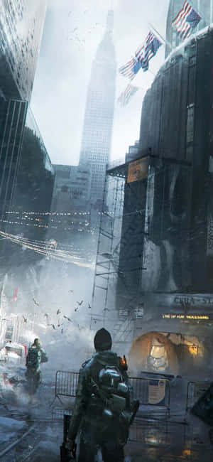 一名士兵在雨中未來城市中行走，有摩天大樓和旗幟。 — 電玩遊戲 GIF 壁紙