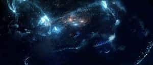 太空人漂浮在一個發光的宇宙星雲中，周圍有旋轉的藍色和橙色星星。 — 漫畫gif 壁紙