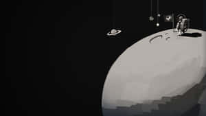 太空人在月球上插旗，行星和星星懸掛在黑色虛空中。 — 蒸氣龐克 壁紙
