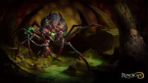 戰士在黑暗發光洞穴中與巨型蜘蛛戰鬥 — 電玩遊戲 GIF 壁紙