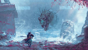 戰士在雪地廢墟中與巨型怪物對峙，櫻花飄落。 — 混沌武士 壁紙