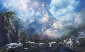 一名孤獨的戰士凝視著雲霧繚繞的神秘山村。 — 16:10 壁紙