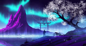 發光櫻花樹下騎士和機車的剪影，配以北極光和山脈。 — 山脈 壁紙