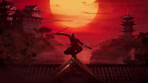 忍者於紅色夕陽下從屋頂躍下，背景有日本寶塔和建築。 — 城堡動畫 壁紙