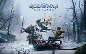God of War Ragnarök 角色在雪林裡乘坐戰車戰鬥。 — 戰神 壁紙