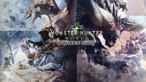 Monster Hunter World 遊戲藝術，展示獵人與巨型怪物戰鬥。 — 魔物獵人 世界 壁紙