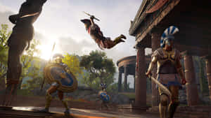 古希臘戰士在神廟附近戰鬥，其中一人躍起空中。 — 電玩遊戲 GIF 壁紙