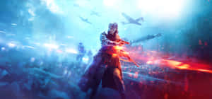 戰士在混亂戰場上發射發光武器，有飛機和爆炸。 — 電玩遊戲 GIF 壁紙