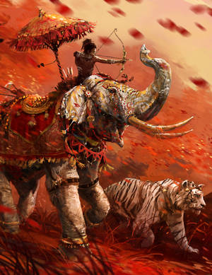 戰士騎象，老虎相伴，在火紅的戰場場景中。 — 酷炫遊戲 壁紙