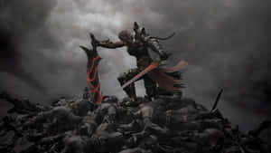 戰士手持發光紅劍，站在黑暗暴風雲下倒下的士兵堆上。 — 酷炫遊戲 壁紙