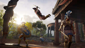 古希臘戰士在戰鬥中，其中一人躍起於神殿柱旁。 — 電玩遊戲 GIF 壁紙