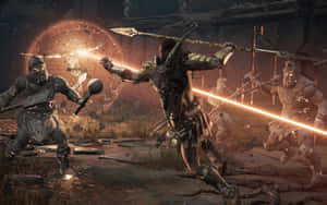 戰士用發光劍斬向火海廢墟 — 電玩遊戲 GIF 壁紙