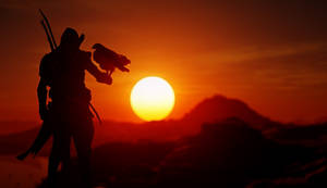 戰士與鷹棲息在戴手套的手上，沙漠夕陽 — 電玩遊戲 GIF 壁紙