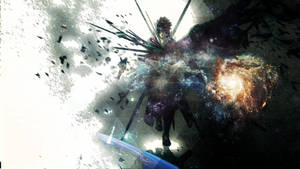 太空中的戰士手持劍，被宇宙碎片和發光星雲包圍。 — 佐助 須佐能乎 壁紙