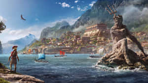 戰士俯瞰古代沿海城市，有海神雕像和船隻 — 電玩遊戲 GIF 壁紙