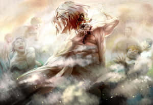 動畫戰士騎著巨型泰坦，旋轉的雲層中有幽靈般的身影。 — 進擊的巨人 角色 壁紙