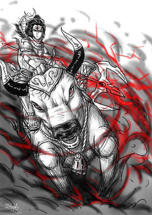 素描風格中，紅色能量漩渦中的公牛上的戰士。 — Maa Durga 壁紙